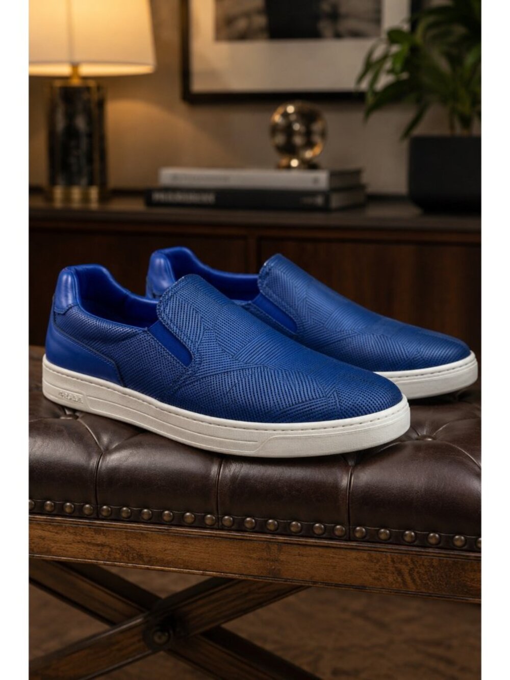 Prada Sport Perforated Blue Leather Slip-On Sneakers Made In Italy Mens 8
